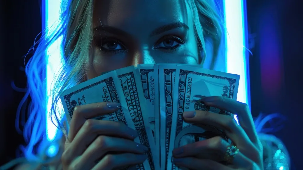 Cinematic close-up of a woman holding a fan of US $100 bills under neon blue lighting — MEGA777 deposit methods for Indonesian players