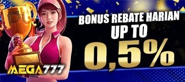 MEGA777 daily 0.5% rebate promotion banner for RNG and fish hunter games